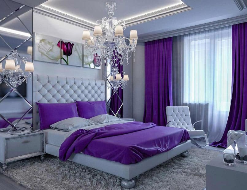 Сочетание фиолетовых цветов в современной спальне
