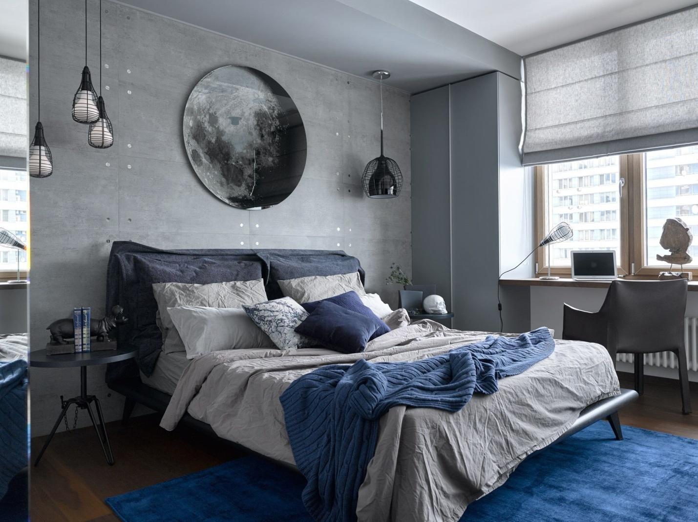 Синий и серый цвет в интерьере спальни